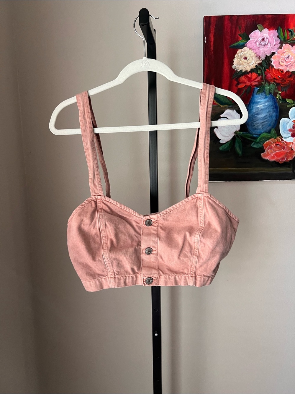 American eagle pink denim Button-Front Cropped Tank Top